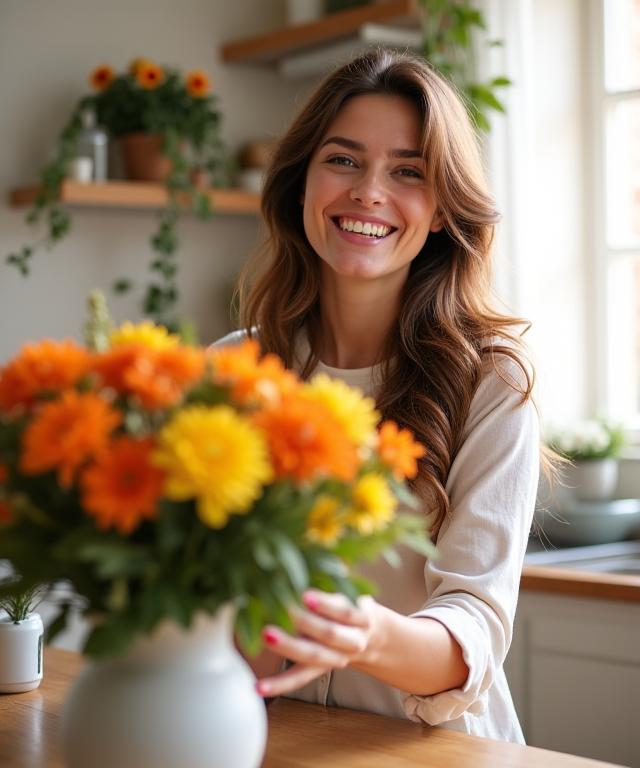 A woman smiling as she arranges her subscription flowers in a vase at home.