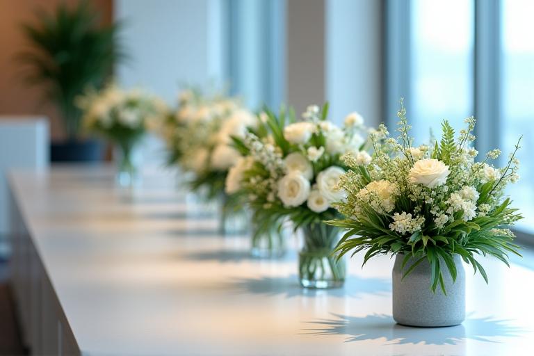 Modern floral arrangements for a corporate event reception.