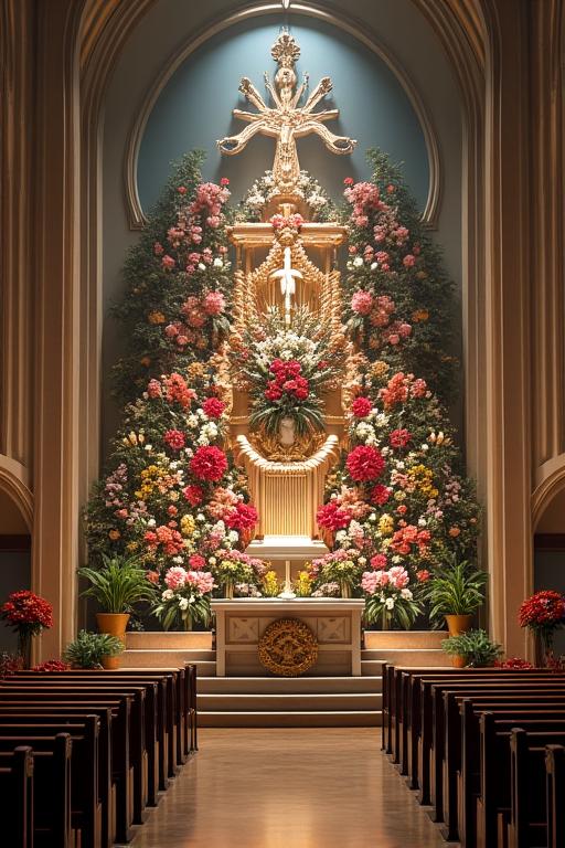 A dramatic and large floral arrangement for a church altar.