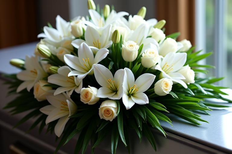 An elegant casket spray with white lilies and roses.