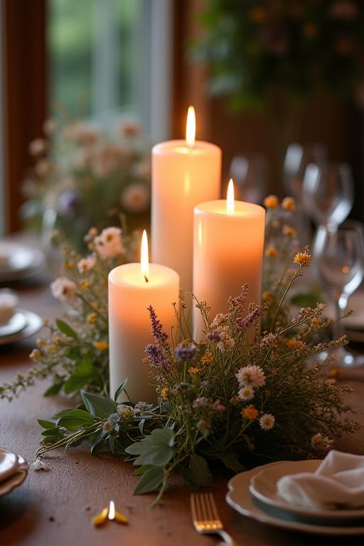 A rustic table centrepiece with candles and wildflowers for a wedding.