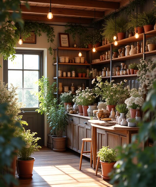 The charming and rustic interior of the Robin's Posies floral shop.