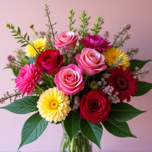 A vibrant bespoke bouquet with a mix of roses and wildflowers.