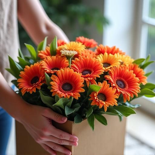 A person unboxing a floral subscription with fresh flowers.